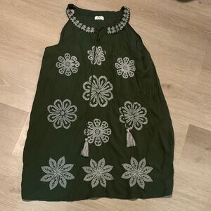 C/C chic conection women Olive Green Embroidered Halter Dress with Tassel Tie